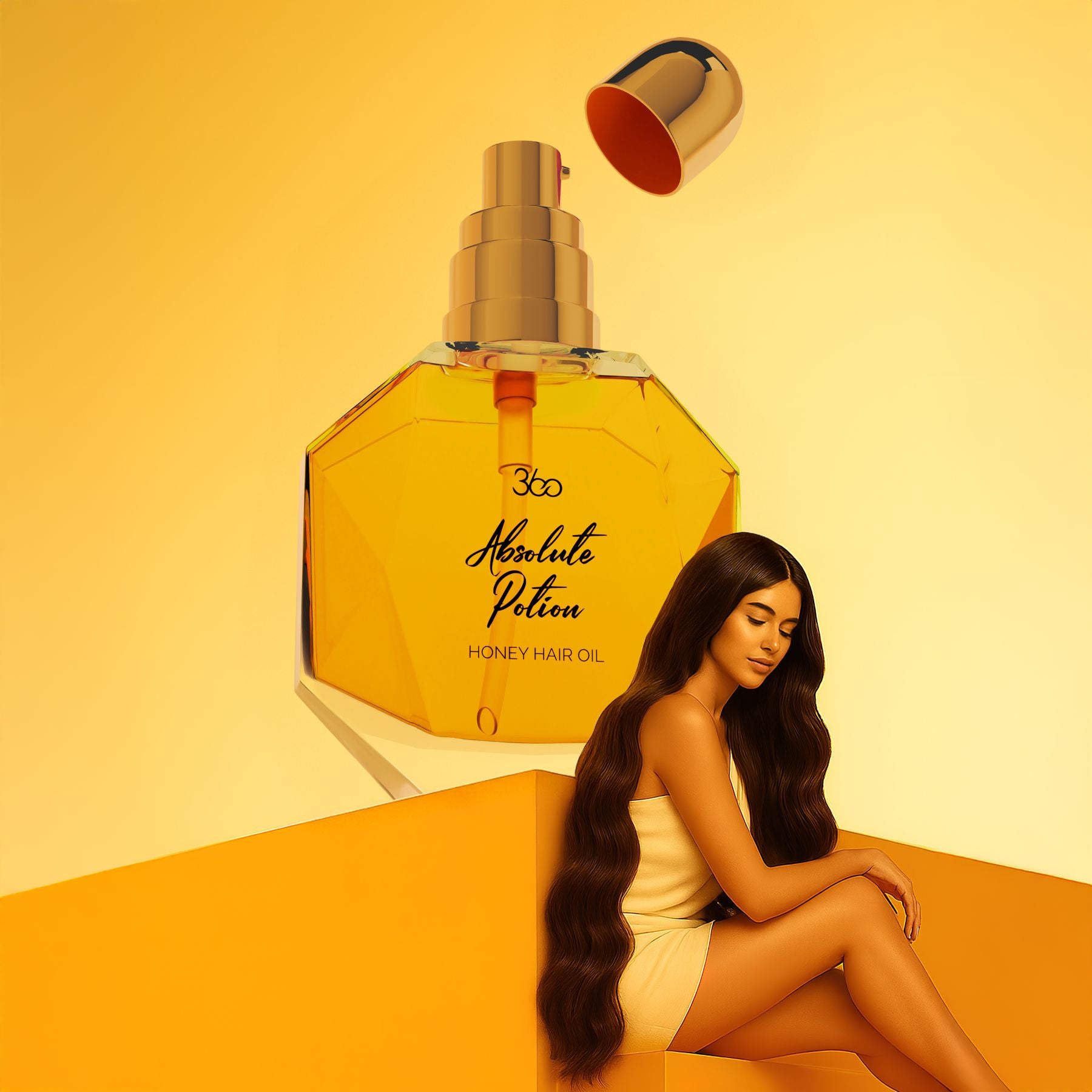 Woman with long hair sitting next to a bottle of 'Absolute Potion Honey Hair Oil' on a yellow background