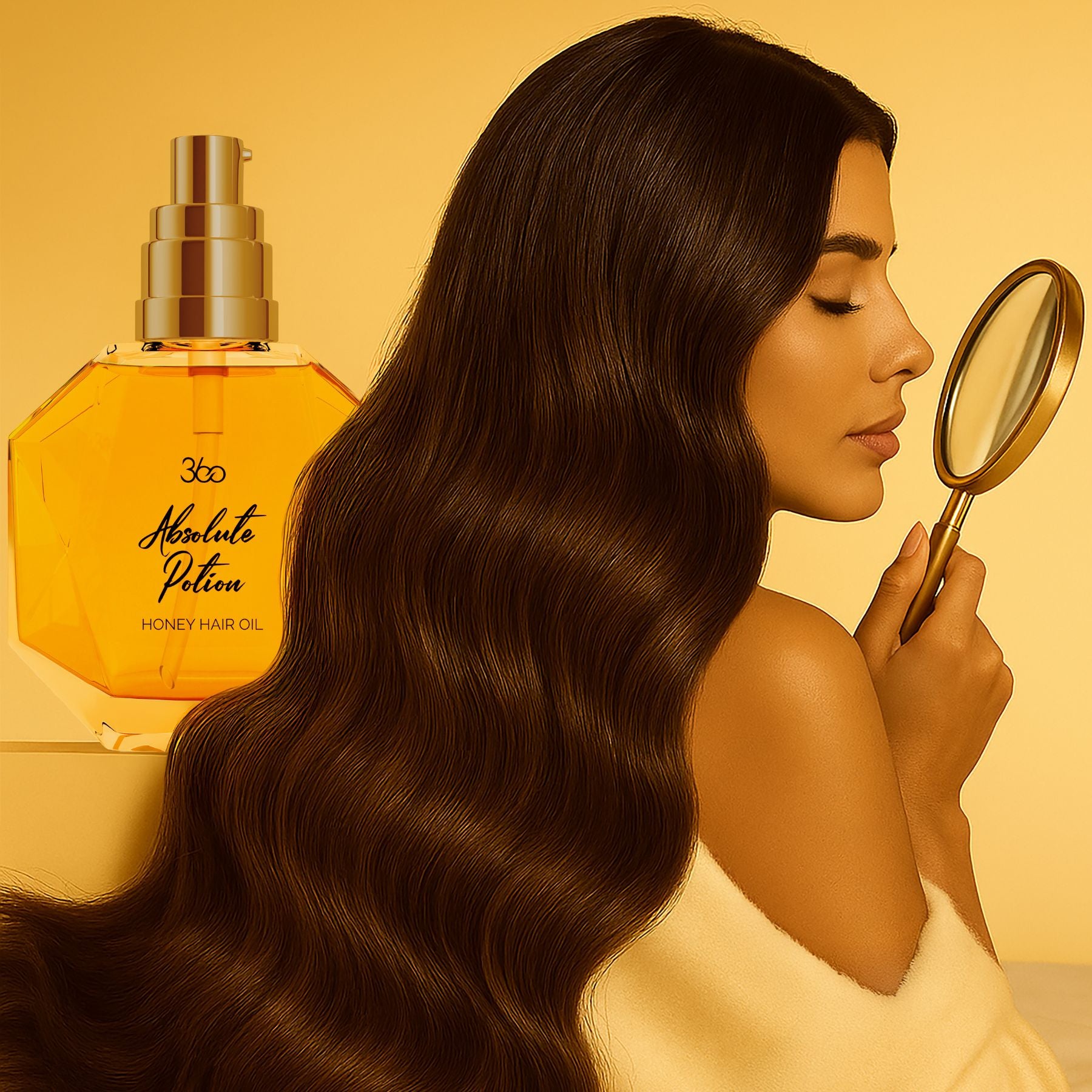 Woman with long, wavy hair holding a magnifying glass next to a bottle of 'Absolute Potion Honey Hair Oil' on a yellow background.
