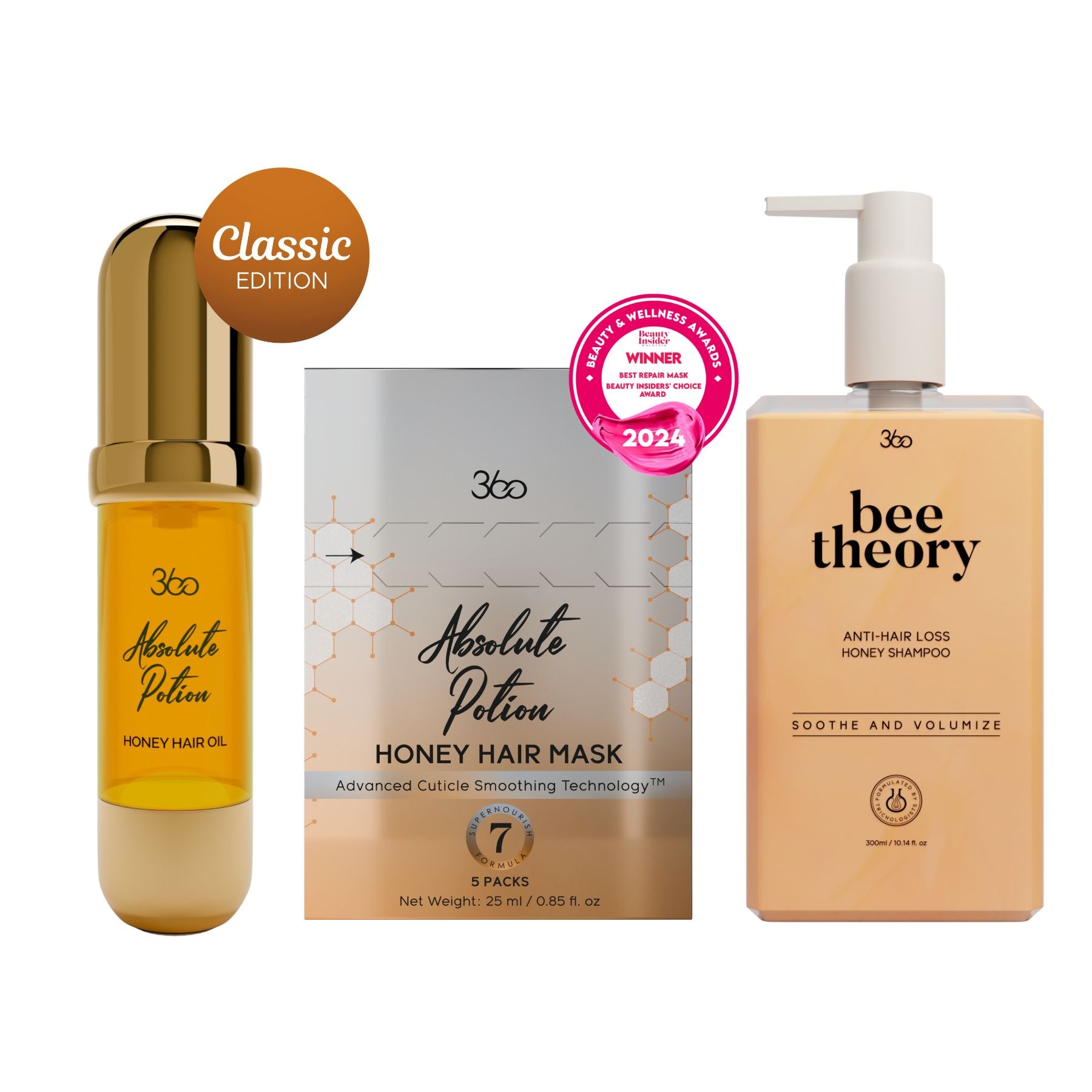 Iconic Trio – Honey Hair Oil 15ml, Hair Mask 25ml, Shampoo 300ml